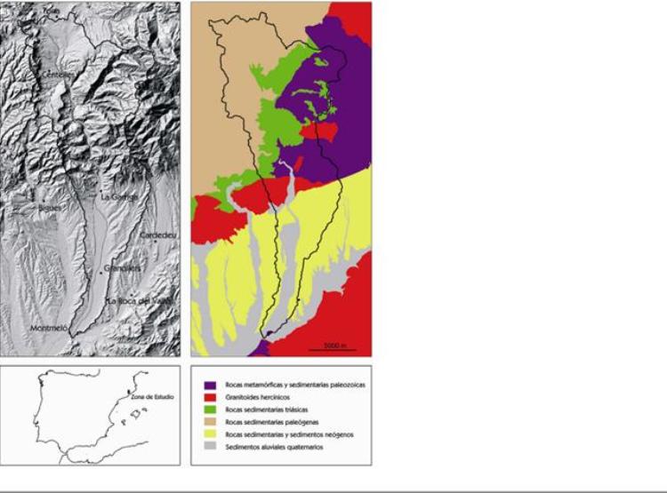 Situació de la conca hidrogràfica del riu Congost i mapa geològic simplificat d’una zona d’estudi