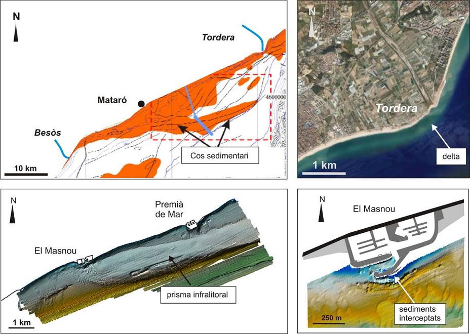 Dipòsits potencials de sediment considerats: cos sedimentari de Mataró, a la plataforma continental catalana; delta de la Tordera; prisma infralitoral de Premià de Mar – el Masnou; i sediments interceptats pel port del Masnou.