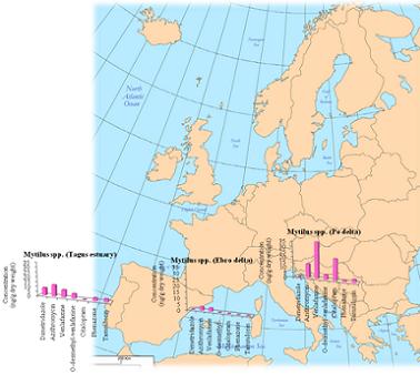 Concentracions de fàrmacs mesures en musclos de diferents zones Europees